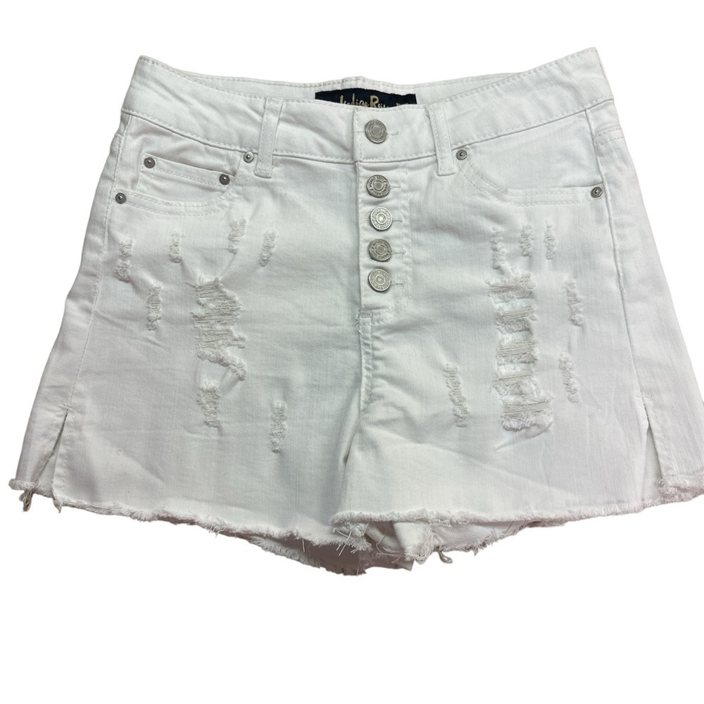 Indigo Rein White Distressed Five Pocket Button Fly Denim Shorts Size 9 Waist 28